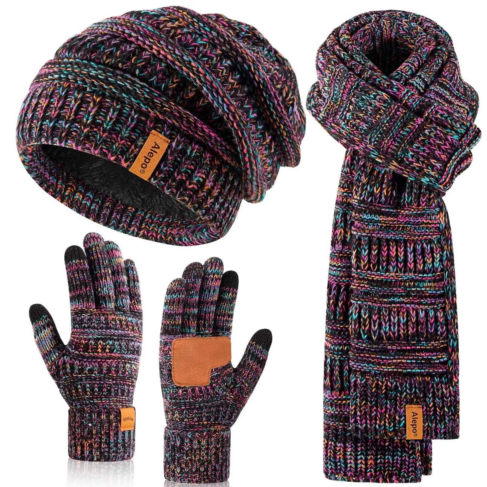 Winter Beanie Hat Scarf Gloves Set for Women, Slouchy Beanie with Fleece Line...