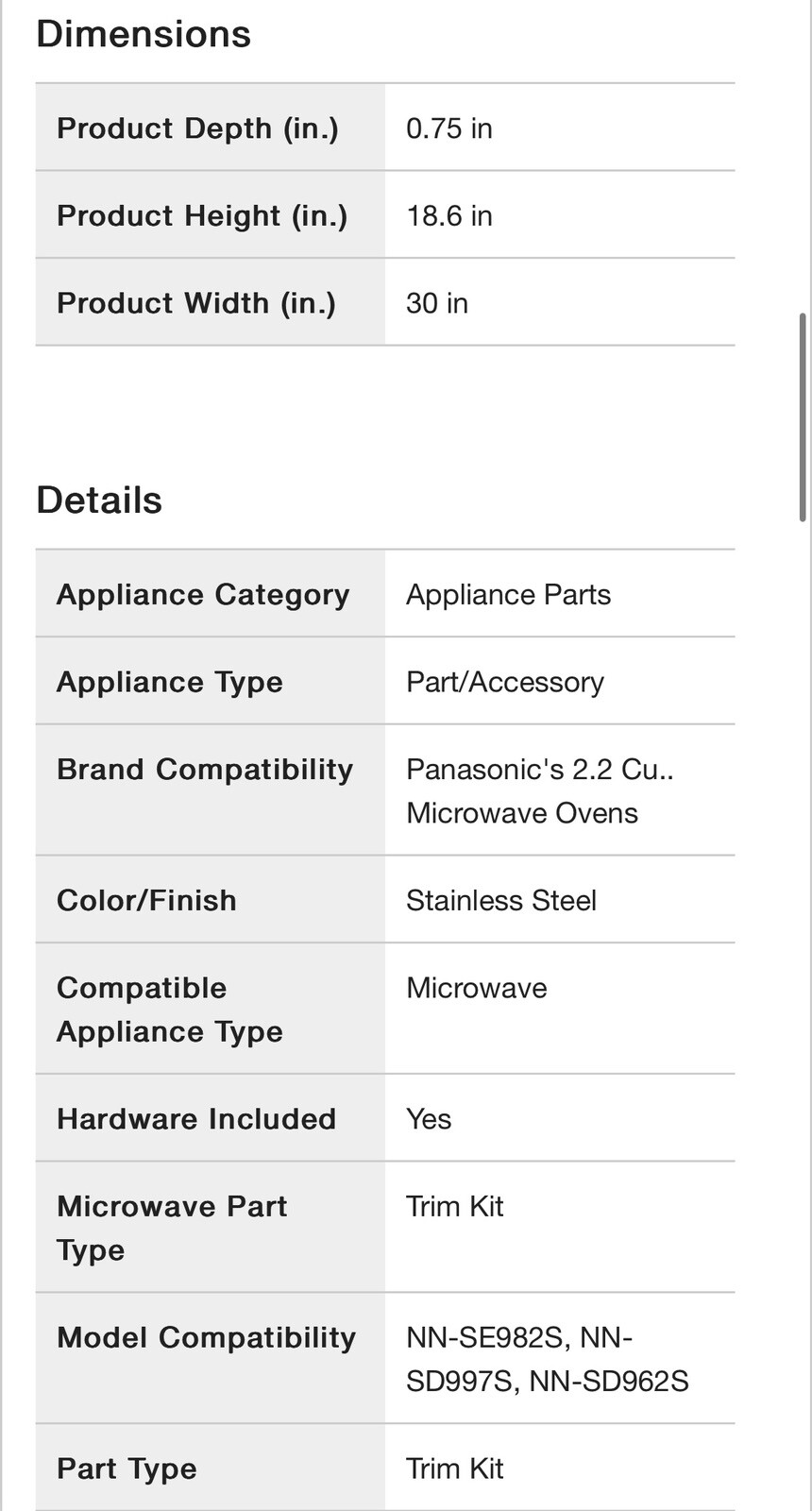 Panasonic 30” Built In Trim Kit for Microwave Oven Stainless Steel NN