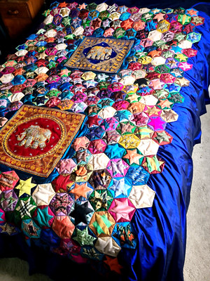 Exquisiter handgefertigter Patchwork Stern Patchwork Doppelquilt indischer ethnischer Elefant