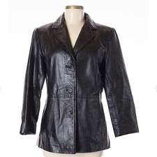 Giacca Womens Sz M Solid Black Genuine Leather Jacket Contemporary Button Front