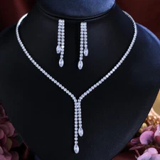 Brilliant Long Tassel Tennis Drop CZ Women Party Necklace Earrings Jewelry Set