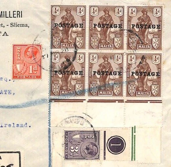 MALTA KGV 3d *PLATE NUMBER* Cover FARTHING BLOCK{6} Reg Sliema 1928 Dublin XC32 - Image 2 of 4
