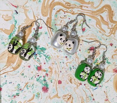 Wholesale Lot Earrings Panda Tropical Fish Turtle Flower Mix Green Silver 6 Pair