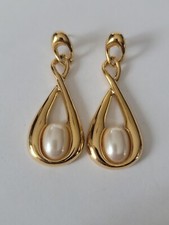 Vintage Napier Gold Tone Faux Pearl Dangle Post Earrings 2.25"L .75"