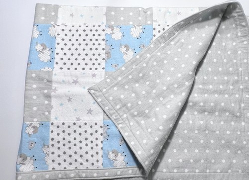 Baby Quilt Lambs Sheep Block Print Gray Polka Dot Crib Blanket 34” x43 1/2” - Picture 2 of 8