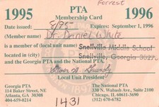 PTA Membership Card Atlanta GA Snellville Middle School 1996 Parent Teacher