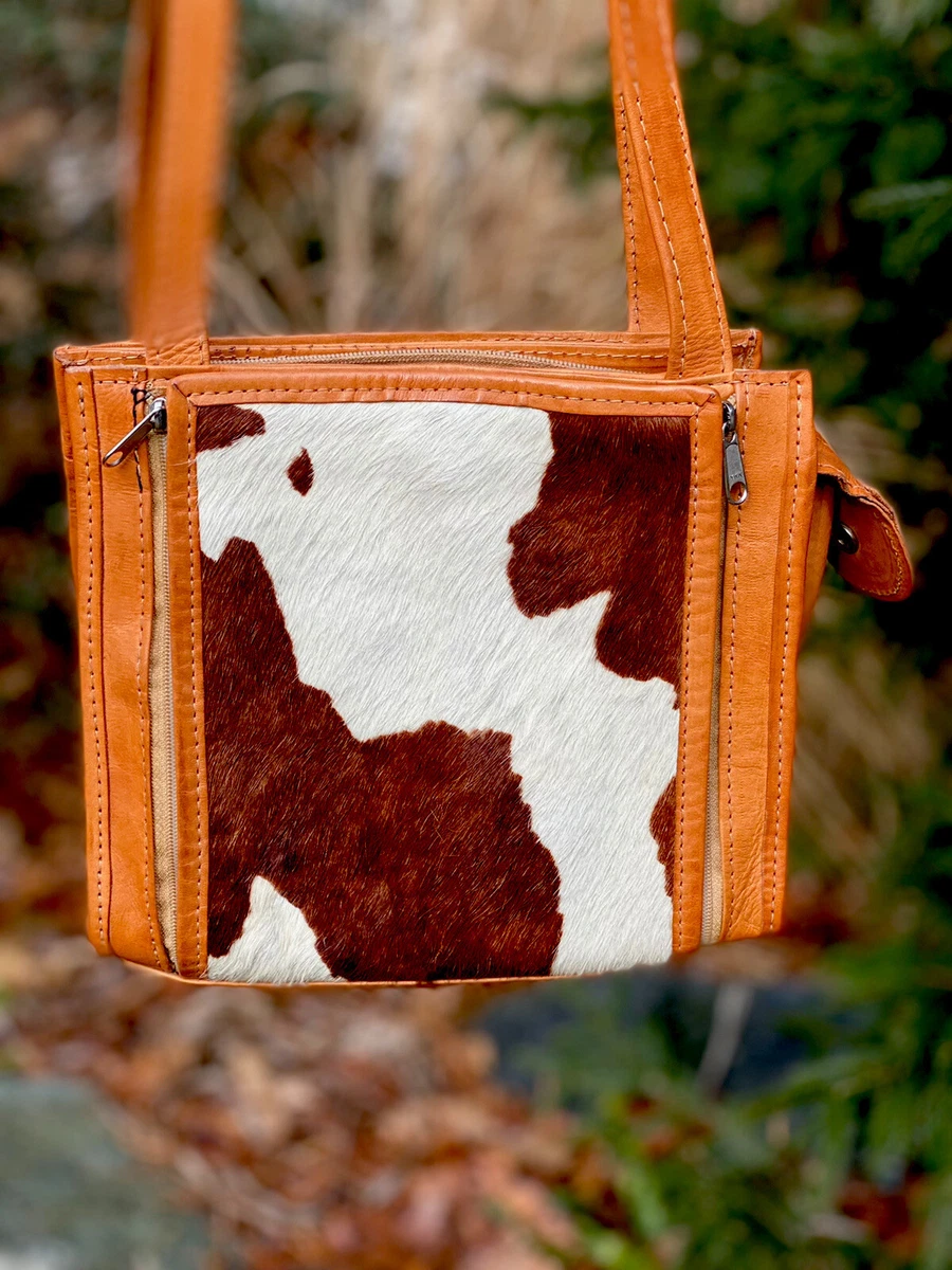 Vintage Handcrafted Tooled Leather and Cowhide Crossbody Handbag