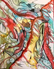 Original Painting 11x14" abstract houses landscape by Lynne Kohler