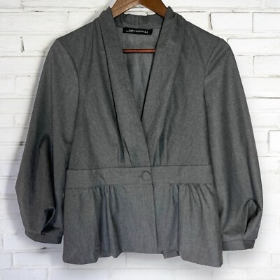 Zara Woman Blazer Small Gray Single Button Tufted Balloon Sleeve Jacket Career