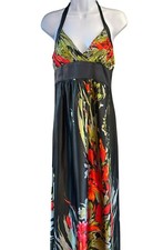 Vintage Y2K Black Red Floral Satin Halter Top Maxi Dress Romantic Goth Summer
