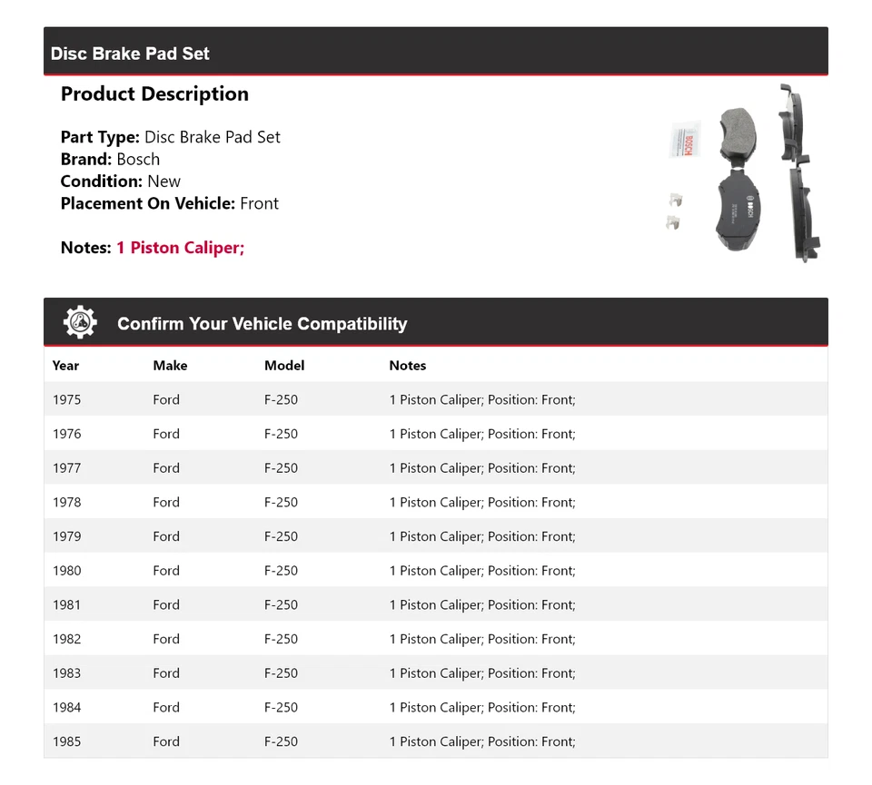 Pastillas de freno delanteras semimetálicas QuietCast 1976 para Ford F-250 1975-1985 Bosch Foto 2 de 4