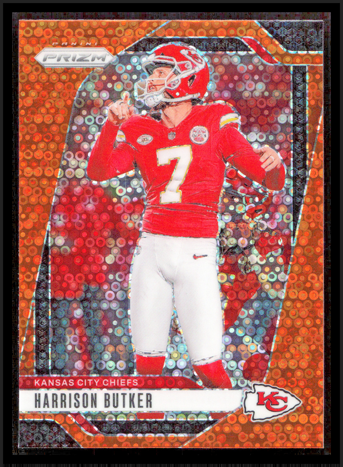 2024 Panini Prizm Harrison Butker #144 Orange Disco - Kansas City Chiefs