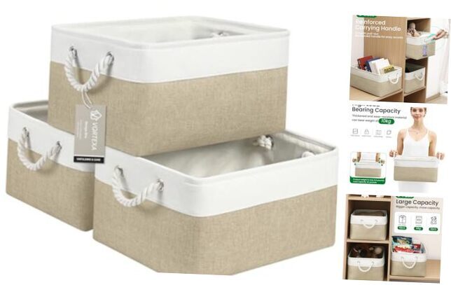 Storage Baskets, 3-Pack 15.7x11.8x8.2 inch Fabric 15.7X11.8X8.26 White&Khaki-image