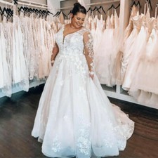 Plus Size V Neck Ball Wedding Dresses Lace Long Sleeves Sweep Train Bridal Gowns