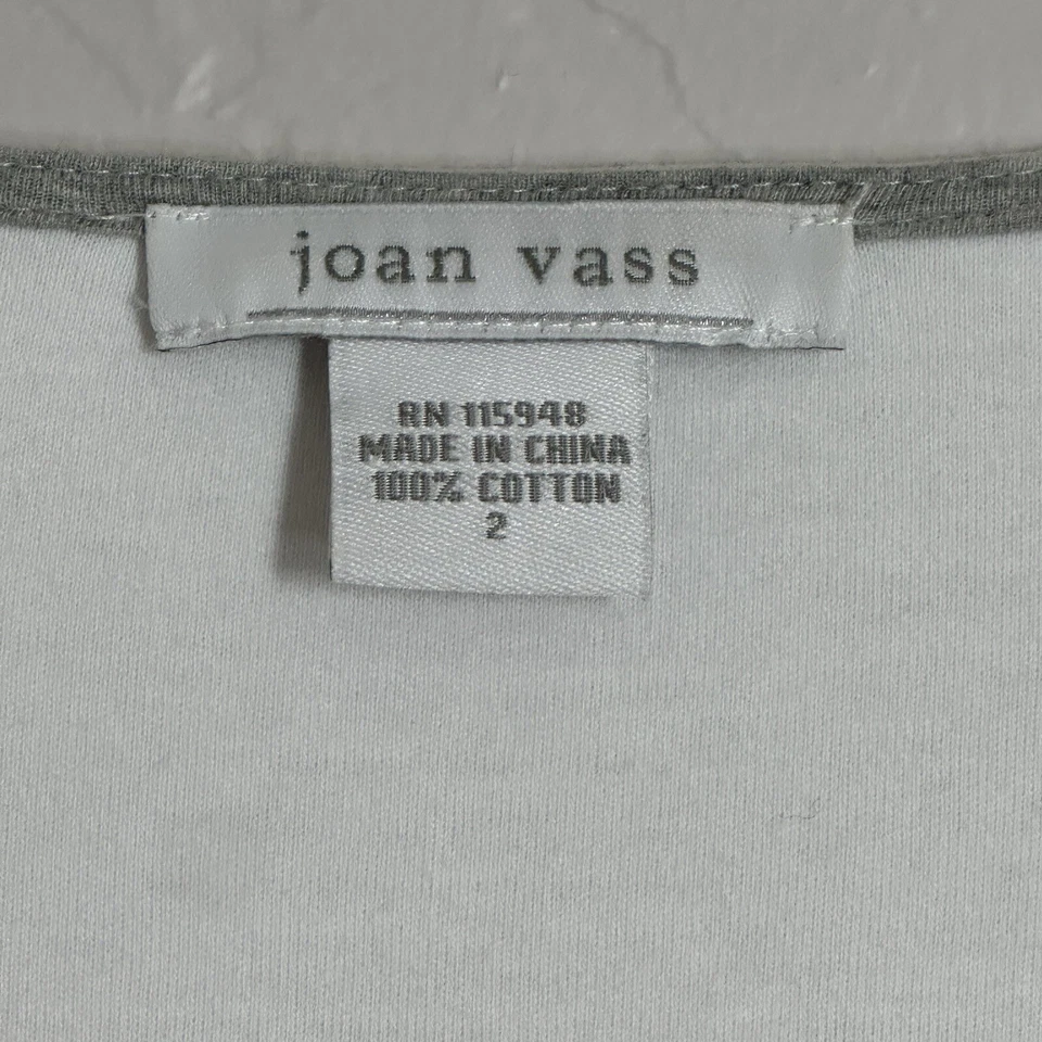 Vestido Joan Vass 2 Algodón Blanco Gris Cremallera Bolsillo Pullover Imitación Envoltura Manga 3/4 Foto 4 de 4