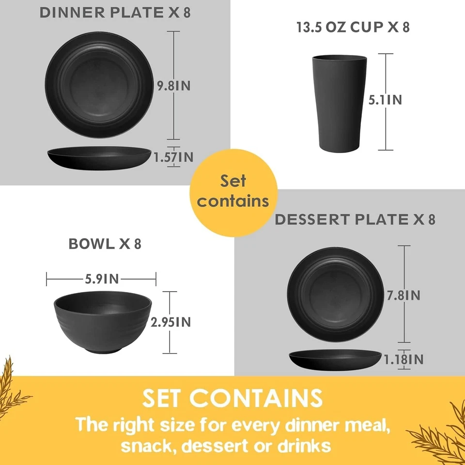 32 Piece Wheat Straw Dinnerware Set for 8 Unbreakable Plates Bowls Cups Black - Image 2 of 4