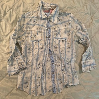 Y2K Western 100% Cotton M Snap Down Floral Collared Shirt OVERDRIVE Blue Striped