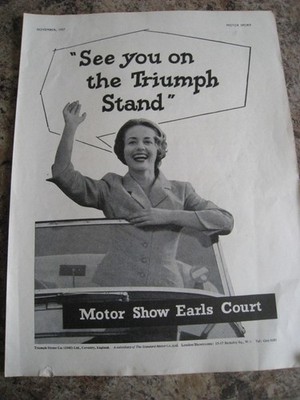 MOTOR SHOW EARLS COURT SEE YOU ON THE TRIUMPH STAND 1957 ADVERT A4 FILE 55