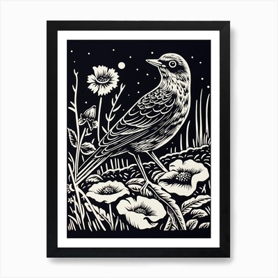 B&W Vogel Linolschnitt Lerche 3 Kunstdruck gerahmt Wandbild Poster Leinwanddruck Bild