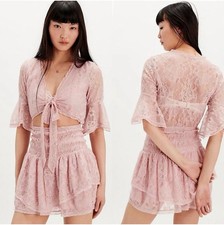 Free People Lala Lace Sheer Reversible V-Neck Mini Dress in Rose Pink Blue Sz S