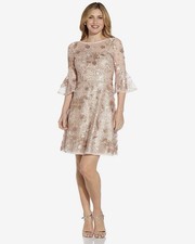 Adrianna Papell Sequin Lace Cocktail Dress Nude Gold Floral Size 6