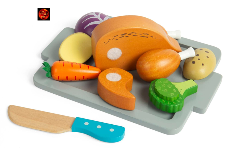 Wooden Play Food Christmas Roast Dinner Set Chicken Vegetables Role Play Toy New