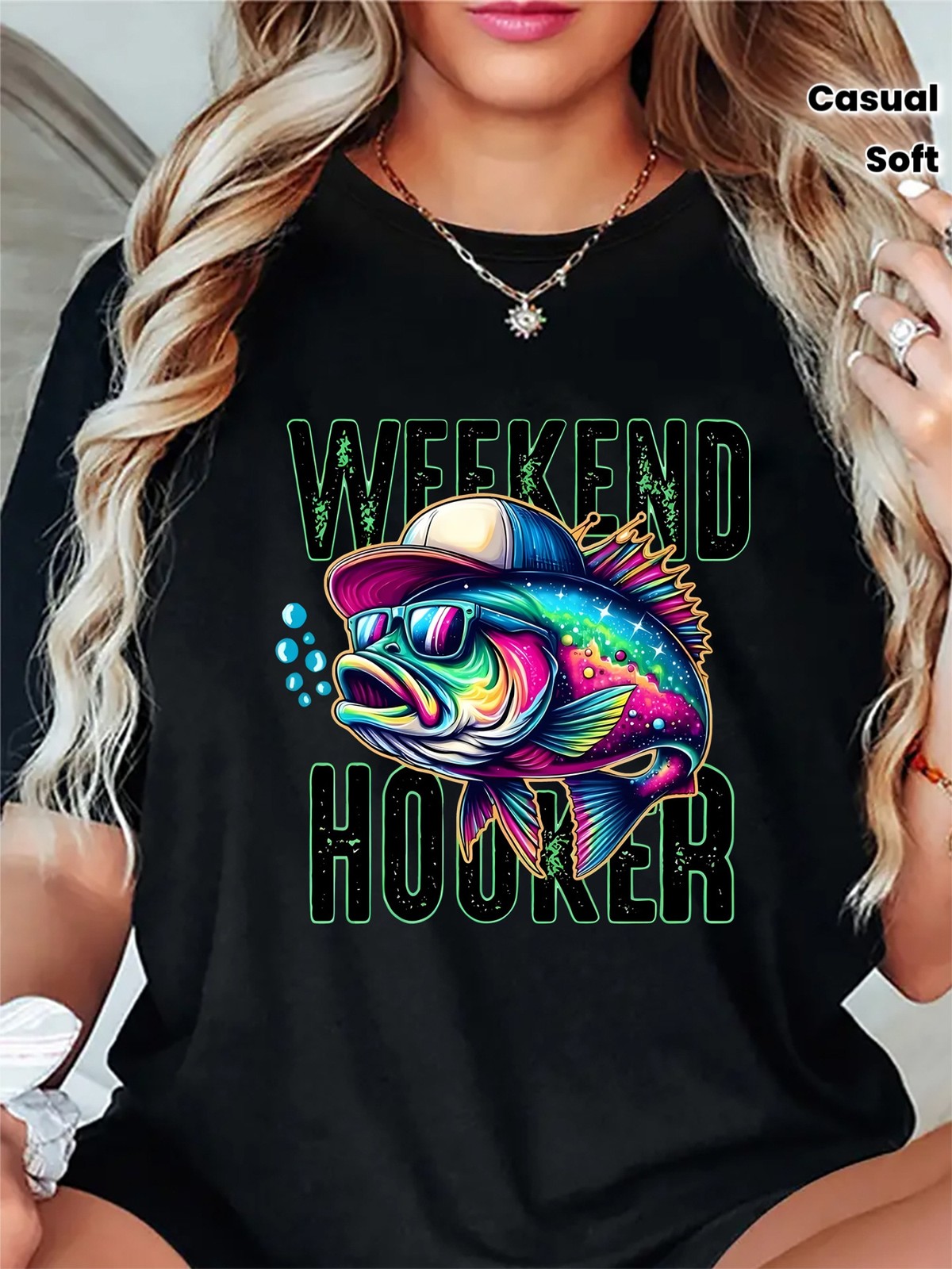 Women's Graphic T-Shirt - Black with Weekend Hooker Fish Design, Round Neck Sh