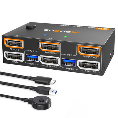 KVM Switch 8K@30Hz/4K@144Hz, DP KVM Switch Für 2 Computer 2 Monitore Und 4 Usb3.
