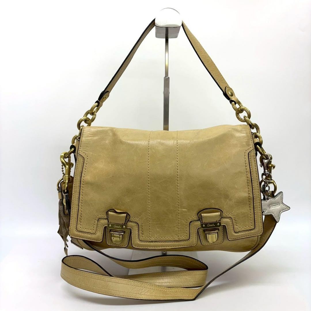 Coach Women's Shoulder Bag Handbag Purse Beige Leather Solid Used Bag