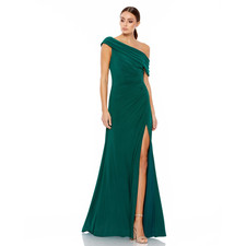 $358 Mac Duggal 26517 Emerald Green Off the Shoulder Jersey Gown 16 NEW M593
