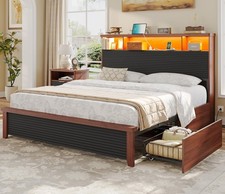 Wood Bed Frame Queen Size with 4 Storage Drawers  Bookcase Headboard