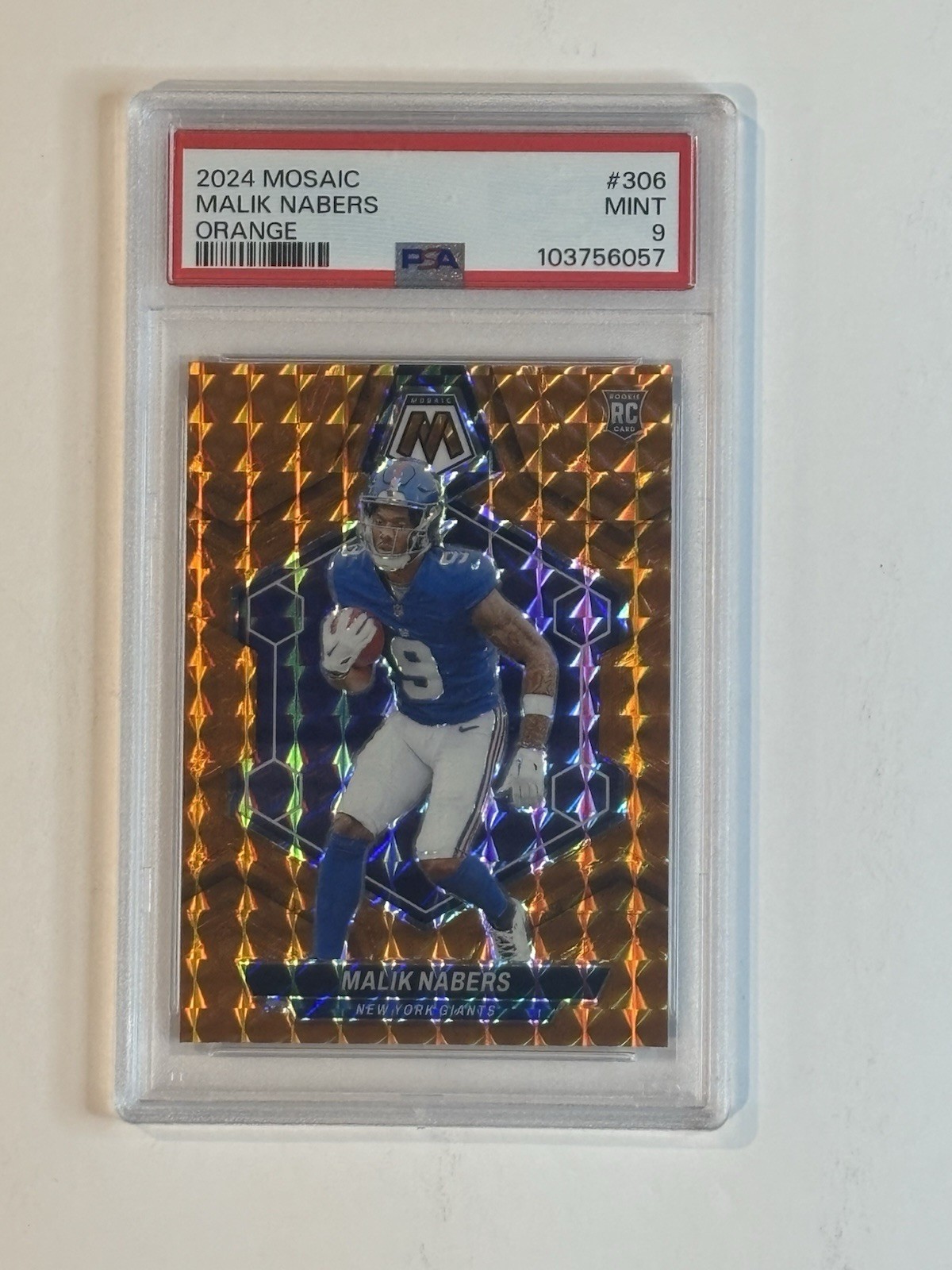 2024 Panini Mosaic Malik Nabers - Orange Mosaic Prizm #306 RC /199 PSA 9 Giants