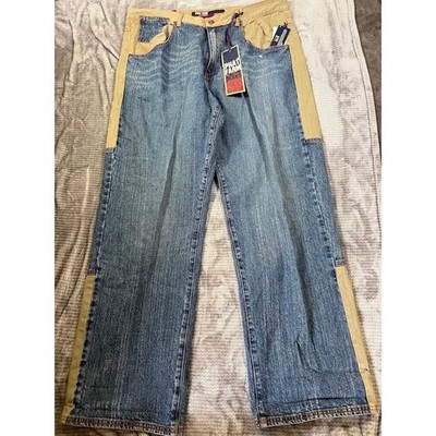 Phat Farm Baggy Jeans Mens 40x33 Two Tone Blue Denim Tan Khaki Streetwear NWT