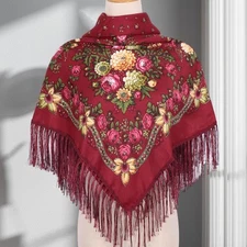 Russian Floral Fringed Shawl Scarf Headscarf Pavlovo Posad Style Burgundy Wool B