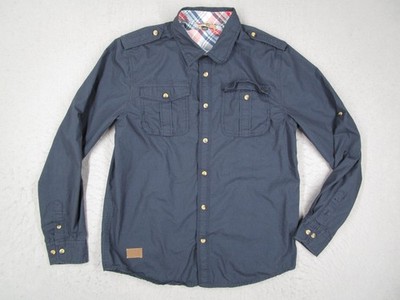 Triple Five Soul Shirt Mens Large Navy Utility Button Front Epaulet Roll Tab