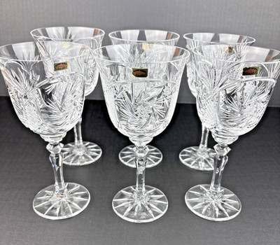6 NEW with tags Hand Cut CRYSTAL Pinwheels & Pineapples Wine Glasses