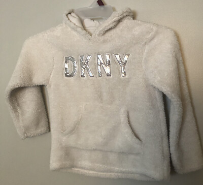 DKNY Girls White Logo Sherpa Soft Hoodie Sweatshirt Sz
