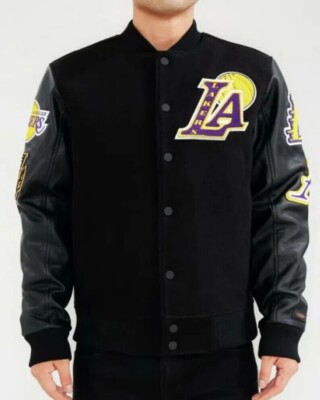 Mens New Los Angeles Lakers Black Varsity Jacket with Genuine Leather  Sleeves