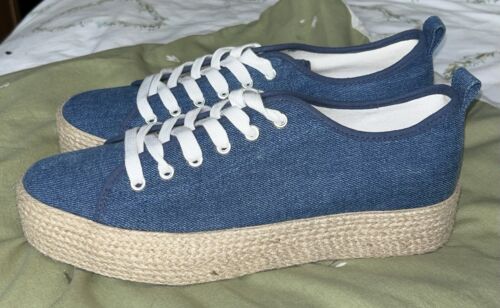 BNWOT Primark Blue Denim Canvas Espadrille Flatform Trainers - Size UK 8