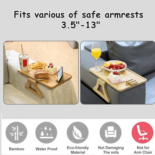 Couch Arm Table, Clip on Tray Table, Foldable Couch 360° Rotating Phone Bamboo