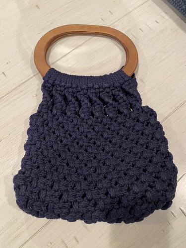 Retro Hand Crocheted Knitted Deep Blue Handbag Round Wood Handles