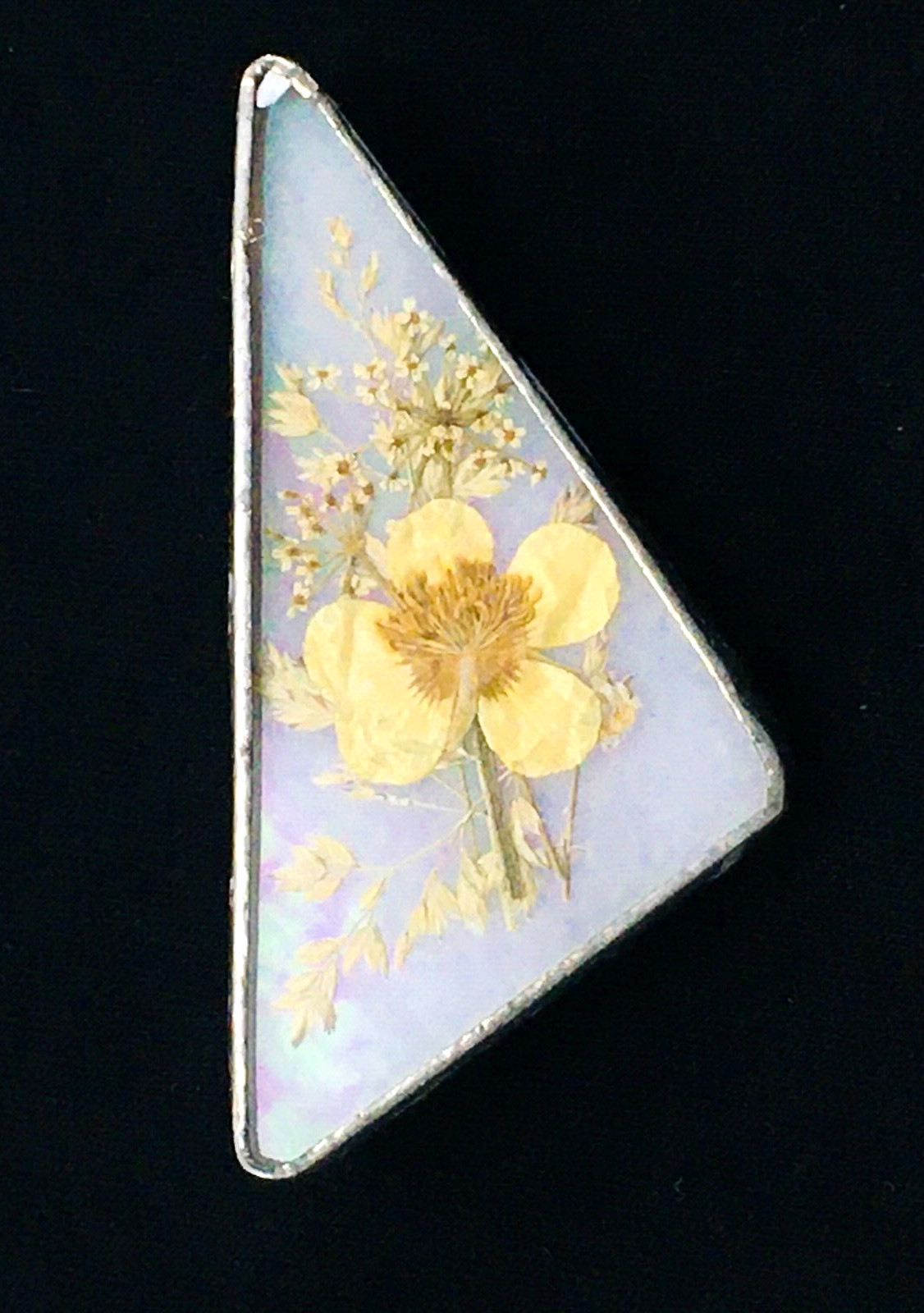 Brooch Pressed Yellow Flower Triangular Shaped Si… - image 1