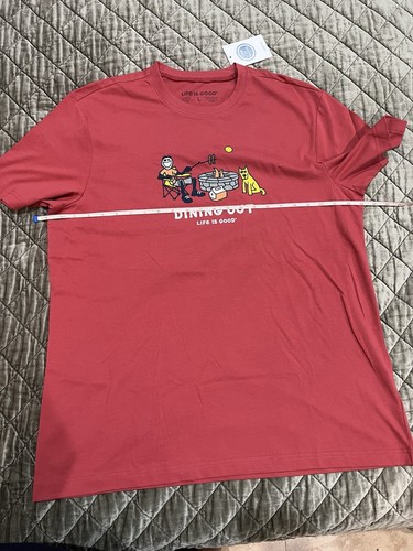 NWT $29 Life Is Good T Shirt “Jack & Rocket Dining Out” Graphic Tee Cotton Red - Picture 5 of 10
