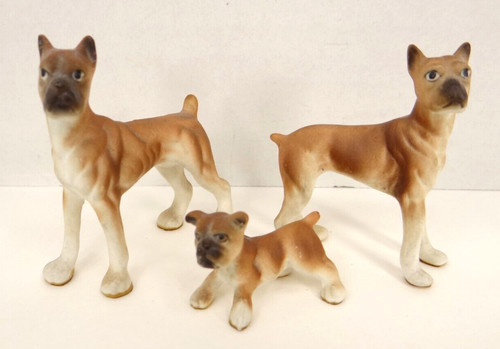 Vintage Miniature Boxer Dogs Set Of 3 Male Female Puppy Bone China Figurines