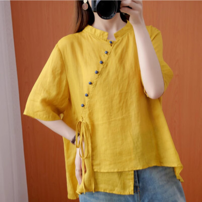 Damen Chinesisch Ethnisch Top Hemd T-Shirt Bluse Unregelmäßig Asymmetrisch Retro