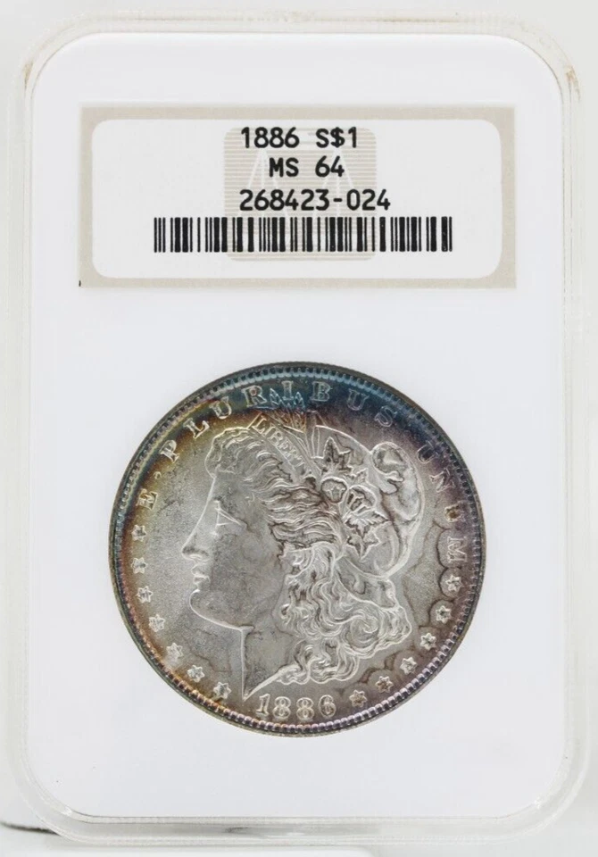 Dólar de plata Morgan 1886 NGC MS-64 antiguo soporte de grasa tono arco iris