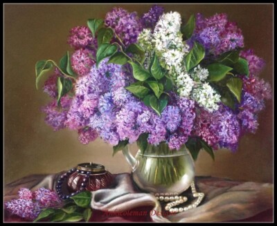 Still Life with Lilacs - Counted Cross Stitch Patterns - Color & BW Symbols