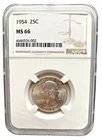 1954 WASHINGTON NGC MS 66 SILVER QUARTER great price BEAUTIFUL BRIGHT MINT STATE