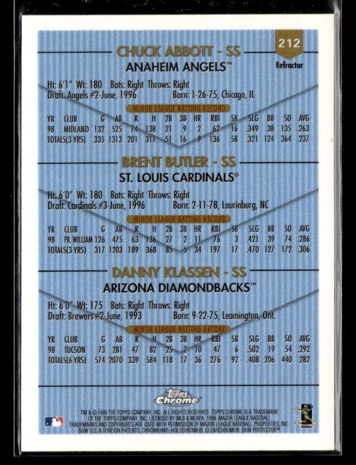 Chuck Abbott / Brent Butler / Danny Klassen 1999 Topps Chrome #212 Refractors - Image 2 of 2