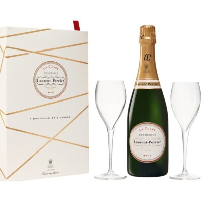 Set of 2 Laurent Perrier Champagne Flute Glasses France with Box   No Alcohol